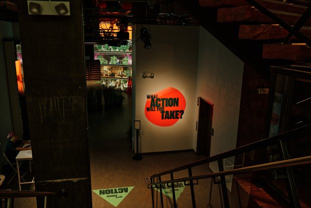 View over part of the exhibition from top of stairs