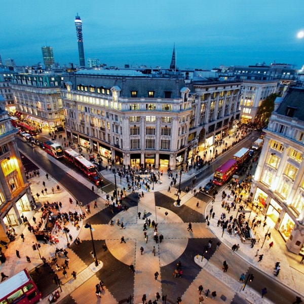 Looking down on the New Oxford Circus crossing at sunset.